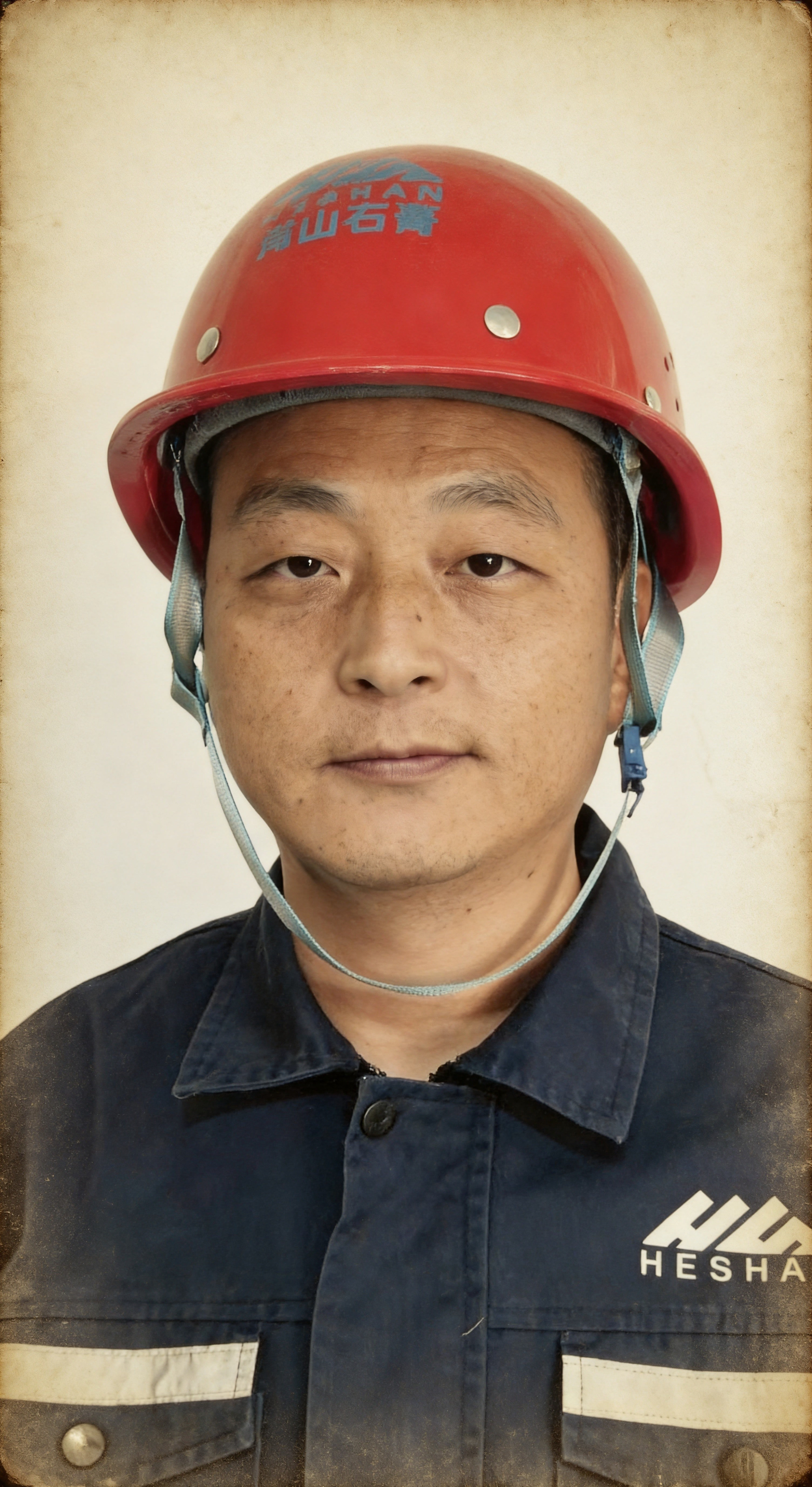 Descending into a mine for safety inspection, in a red hard hat