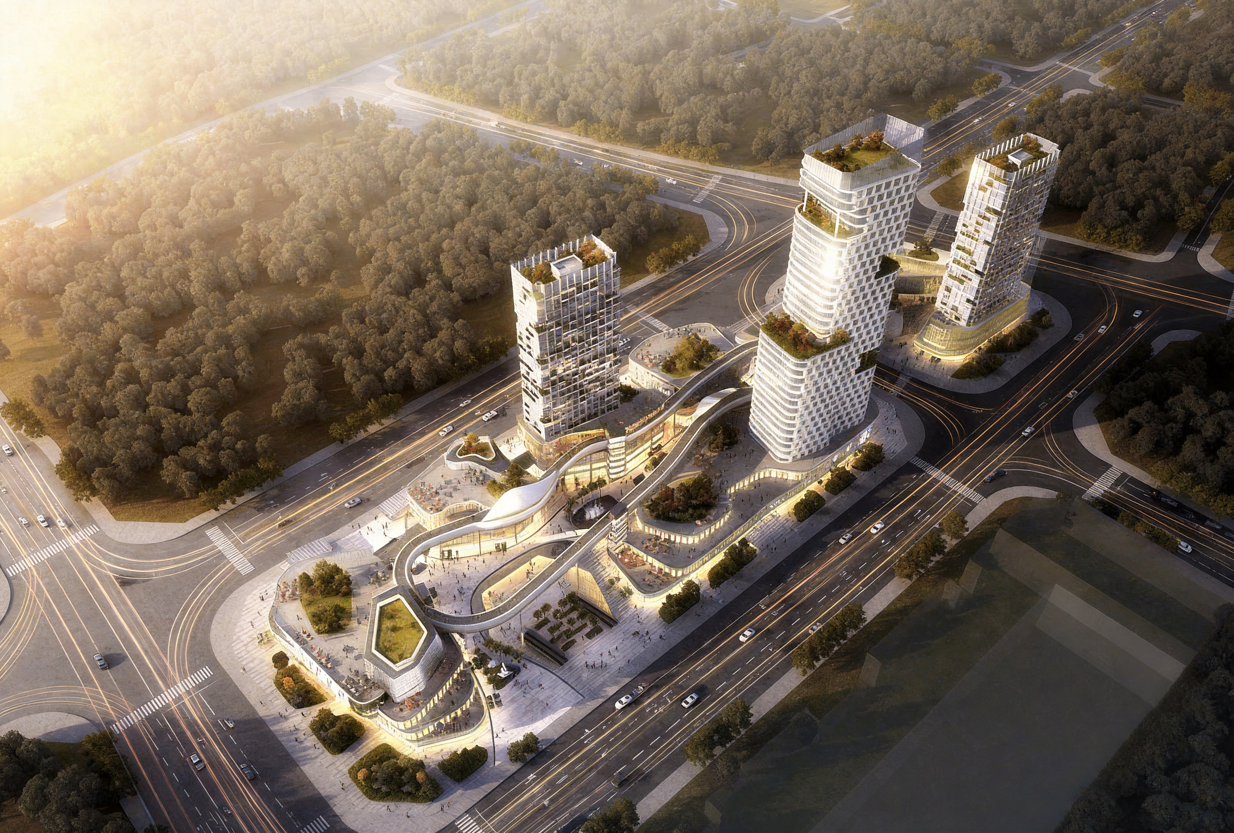 Commercial complex aerial at sunset